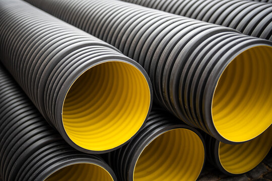 Major maintenance and repairs in urban city, plastic water PVC pipes stacked on ground, bunch of round corrugated tubes ready for installing at construction site, renewal of plumbing systems in town.