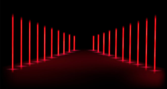 Neon light poles create a mesmerizing corridor of illuminated colors in shades of red, enhancing a futuristic atmosphere and inviting exploration through a digital landscape.