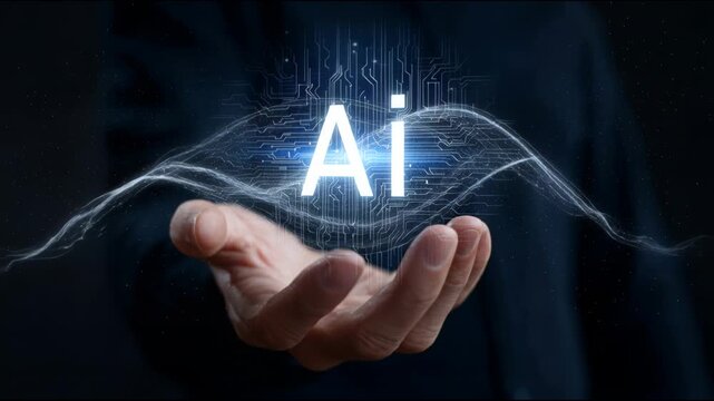 Male hand holding a glowing artificial intelligence icon with a circuit board and network connections