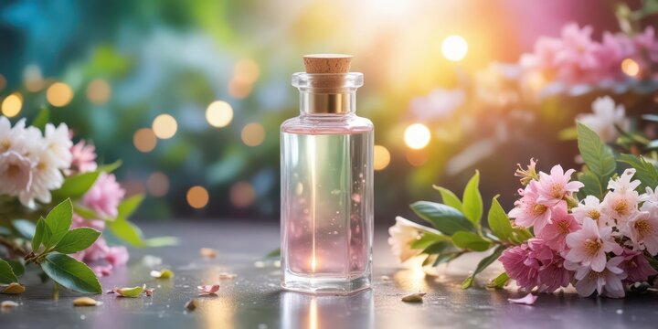 Iridescent liquid in a glass bottle with a soft pink hue and subtle shimmer, surrounded by natural elements like leaves or flowers, glowing liquid, colorful liquid