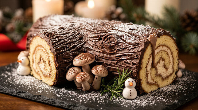 Chocolate yule log cake decorated with snowmen and mushrooms for Christmas