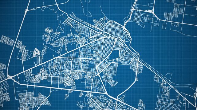 Ink reveal animation of Reynosa city, Tamaulipas, Mexico (M&eacute;xico) grid map. Aerial top view. Blueprint style. White lines with blue background. 4K Seamless loop.