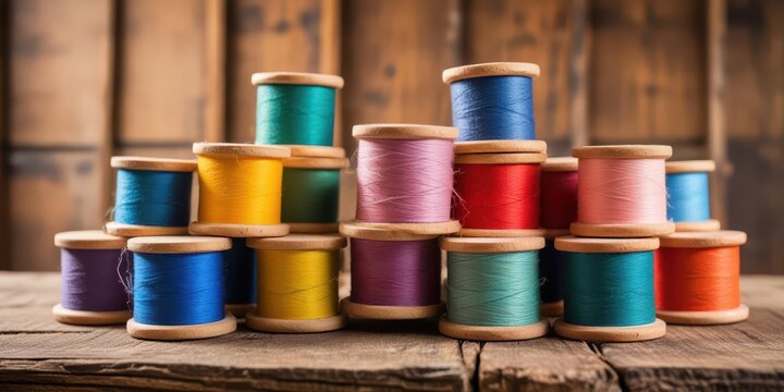 Colorful thread spools stacked together on a wooden workbench, with a few loose threads hanging out of the top spool