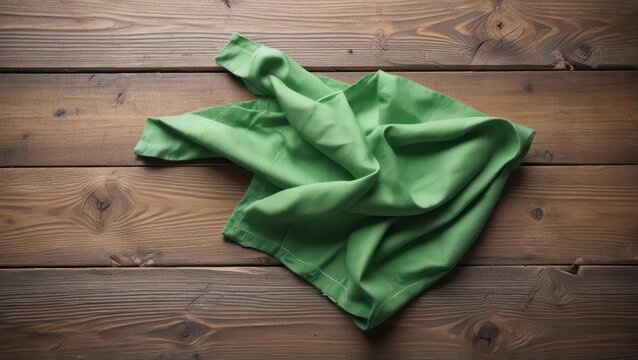 Crumpled green cotton napkin with subtle wrinkles and texture lies on a worn wooden table surface, showcasing its natural fibers, crumpled fabric, textile
