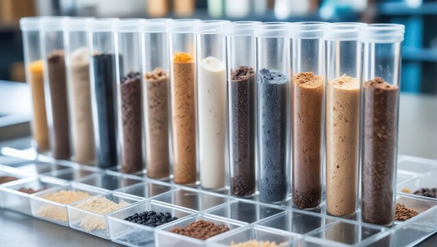 Detailed soil sample in a plastic core box with a label and various minerals,, laboratory, soil samples