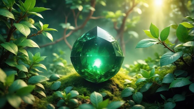 A radiant emerald nestled among lush foliage, glowing softly in harmony with nature's symphony, symphony, harmony
