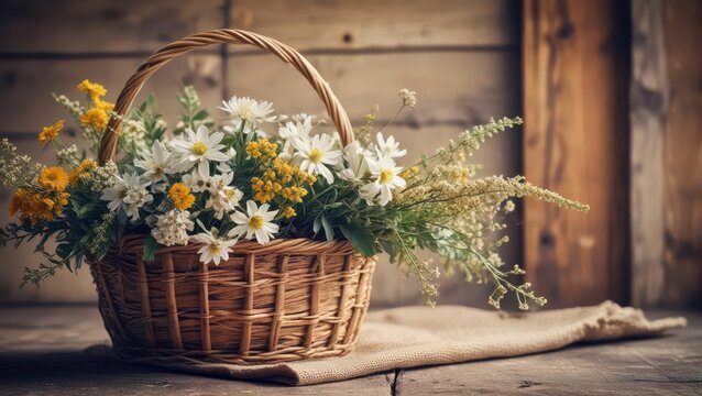 A delicate wildflower bouquet nestled in a rustic woven basket with earthy tones and intricate patterns adding texture to the image, botanical, natural