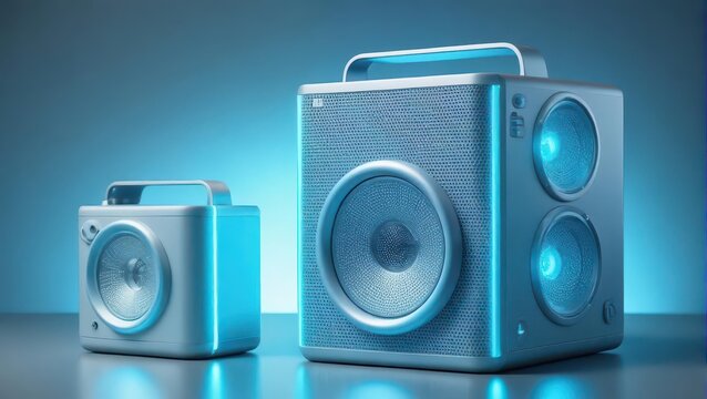 Futuristic wireless sound system in light blue color with a sleek and modern design featuring LED lights, speaker grills, and a portable battery pack, portable electronics, technology