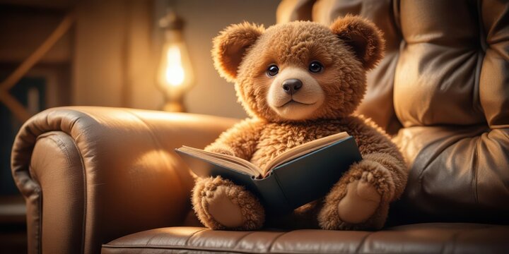 A cuddly teddy bear sitting quietly with a leather-bound book open in its lap