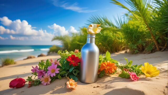 A half-buried aluminum bottle on a sandy tropical beach with an old paper label still intact, surrounded by colorful flowers and lush greenery, old paper label, flowers