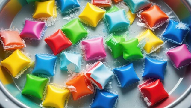 Brightly colored laundry detergent packets sinking into a sink full of sudsy water