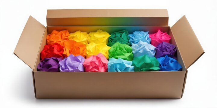 open box with colorful tissue paper inside