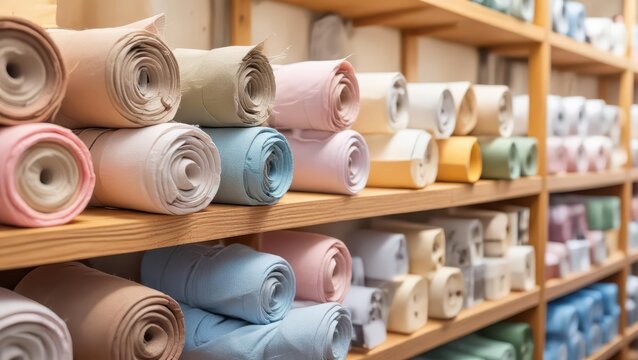 Soft pastel fabric rolls stacked on wooden shelves in a cozy textile shop, linen