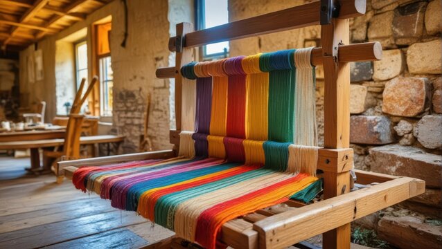 Intricate threads in various colors being woven into a traditional loom with wooden beams and a stone foundation amidst a rustic environment , textile art, colorful threads weaving