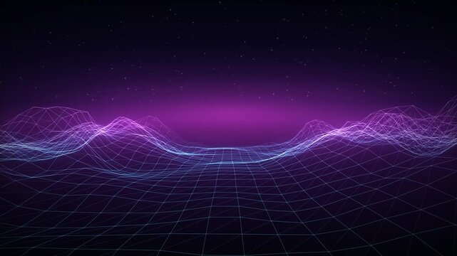 Retro wave digital landscape with neon grid mountains and starry purple sky