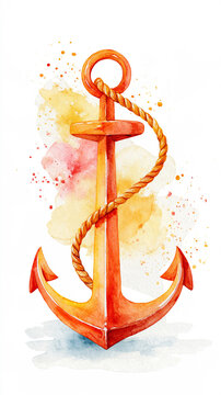 A vibrant watercolor painting of a classic anchor wrapped with a rope, featuring warm orange and yellow tones with splashes of color in the background.