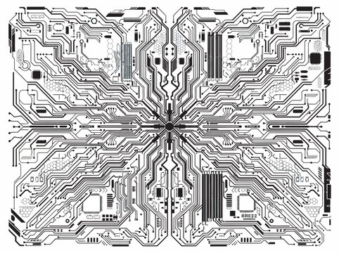 Abstract digital circuit network, symmetrical motherboard pathways forming a futuristic technological background, solid black silhouette shapes, white background
