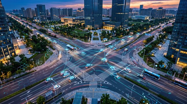 Smart city traffic intersection at dusk with autonomous vehicles connected by IoT network, aerial view of urban transportation management system with data flow visualization and