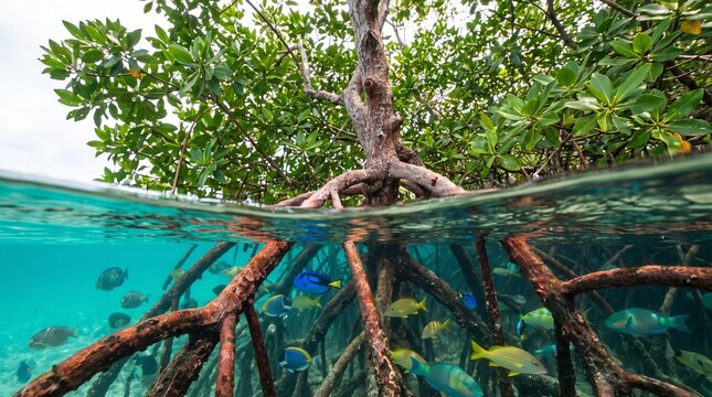 Split view of mangrove tree above crystal clear water, with lush green foliage above surface and intricate roots extending underwater, surrounded by colorful school of fish