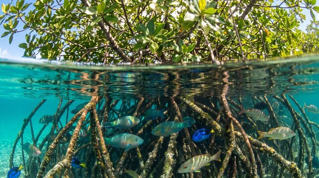 Split view of mangrove tree above crystal clear water, with lush green foliage above surface and intricate roots extending underwater, surrounded by colorful school of fish
