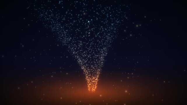Abstract swirling vortex of glowing particles in dark space with orange light at the bottom