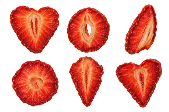 Six slices of fresh red strawberries arranged in a grid pattern on a glowing red and dark background, isolated on a, transparent background