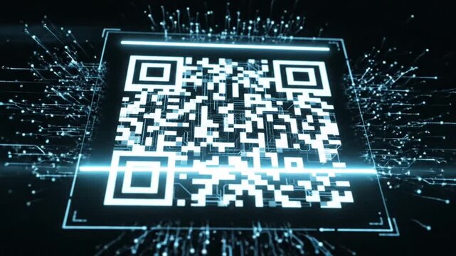 Futuristic QR Code Scanning Animation with Glowing Digital Particles on Dark Background. 