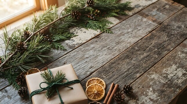 Cozy winter scene with gifts a drink and a view from a window