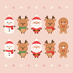 Obraz premium Cute Christmas Character Illustration Set with Santa, Reindeer, Snowman and Gingerbread Man