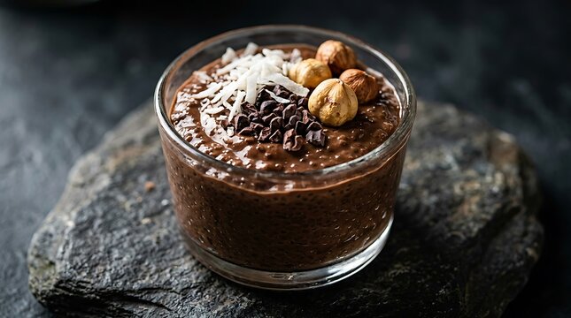 Healthy chocolate smoothie bowl with coconut flakes and hazelnuts in a glass on a dark rustic stone table. keto chia pudding