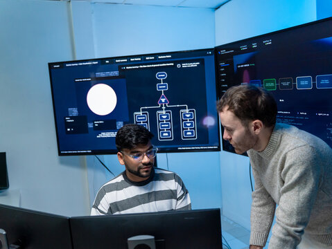 Software engineering use computer working develop AI office are assisting algorithm systems or verifying code. Programmer teamwork using artificial intelligence on laptop analysis or writing coding