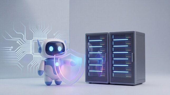 AI Robot Protecting Servers and Data Center Cybersecurity. Smart Robot with Digital Shield for Enterprise Server Security