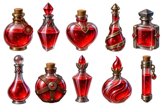 Fantasy red potion bottles set, magical alchemy elixir glass jars with liquid, medieval rpg game assets for health and mana restoration