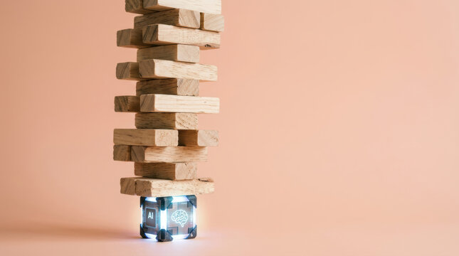 Generative ai investment risk reward concept shows glowing cube supporting precarious wooden tower with tension and uncertainty