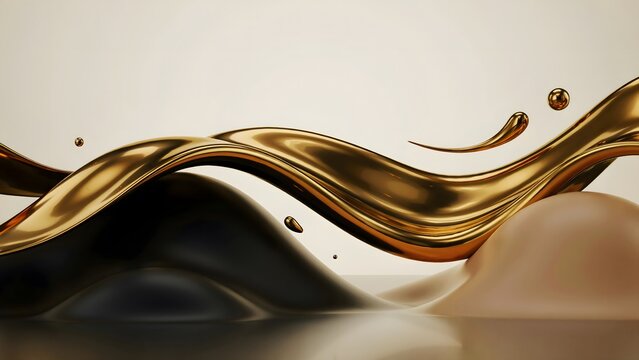 Abstract gold metallic wave with liquid black and tan shapes for premium brand background.