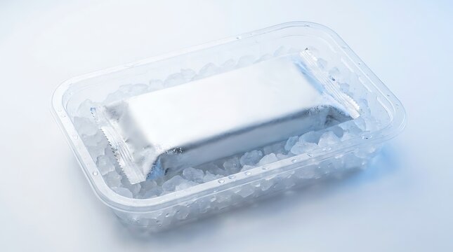 Silver snack bar package kept in a clear plastic food tray filled with cold fresh crushed ice cubes. frosty product wrapper