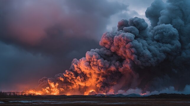 ejected. Volcanic eruption at dusk with dark smoke and orange lava against gray sky. travel magazines, destination branding, designed for travel destination branding, drives exploration.
