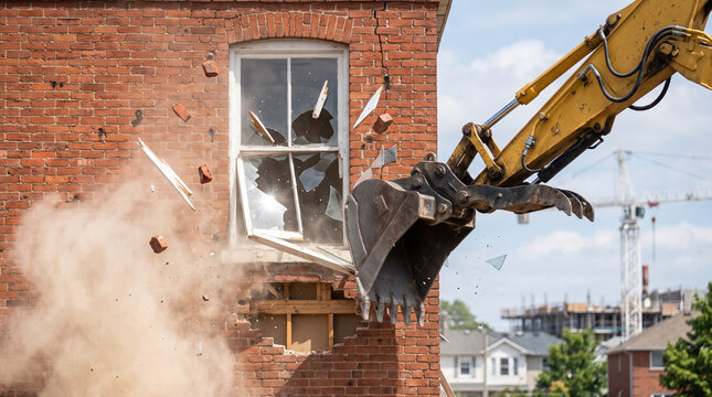 Excavator bucket smashes through brick wall and window with flying debris and dust during urban building demolition