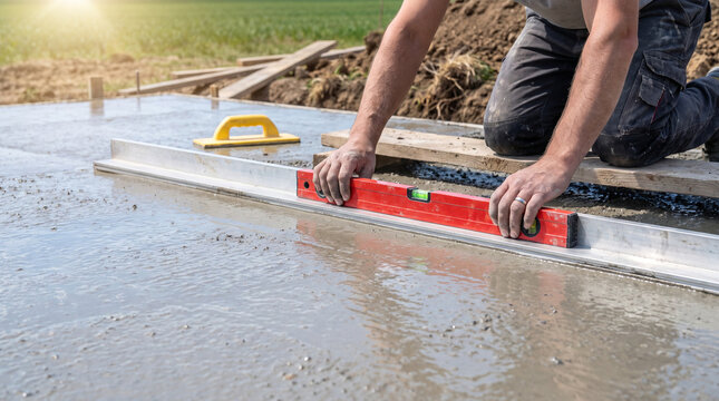 Construction worker uses a red spirit level to flatten fresh wet concrete on an outdoor foundation slab at sunset