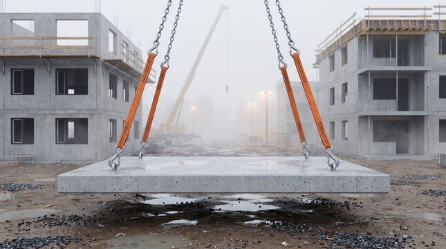 Heavy concrete slab suspended by crane chains at a foggy residential construction site with multistory buildings