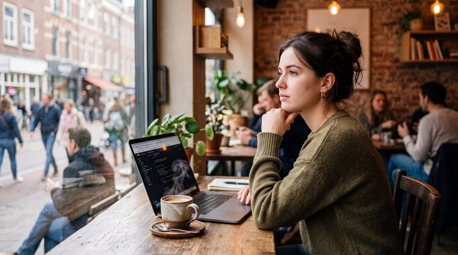 Young Woman Relaxing at a Cozy Cafe by the Window