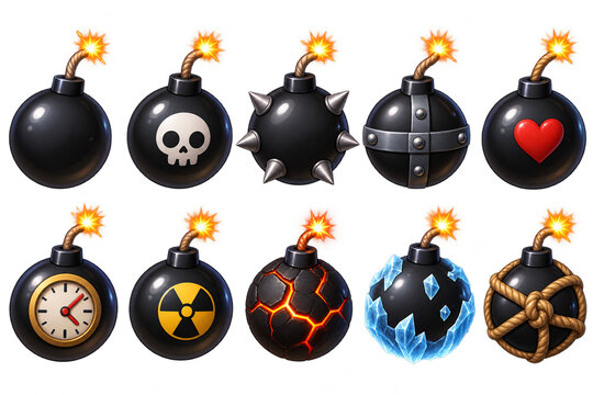 Set of ten cartoon bomb icons with various designs and lit fuses on a