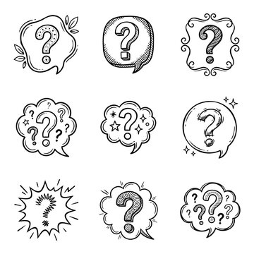 Hand drawn question mark speech bubbles and doodle icons collection