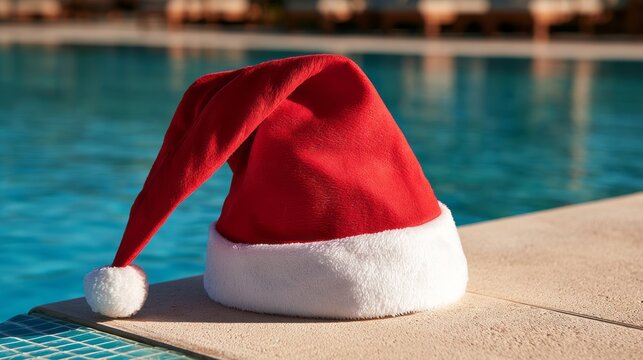 Authentic santa claus hat near swimming pool at luxury resort, festive christmas holiday decoration in tropical summer vacation setting, seasonal celebration and winter holiday concept
