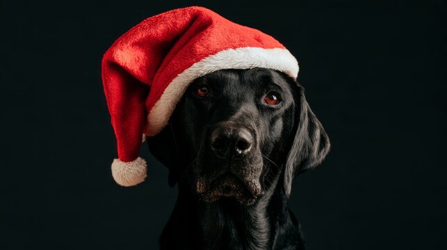 Black dog wearing a red santa hat, cute christmas holiday portrait with festive winter spirit, adorable pet celebrating christmas, seasonal celebration and cheerful holiday concept