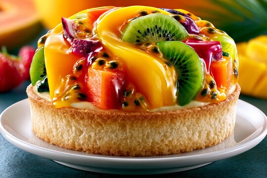 Fruit tart garnished with fresh kiwi, mango, and passion fruit seeds