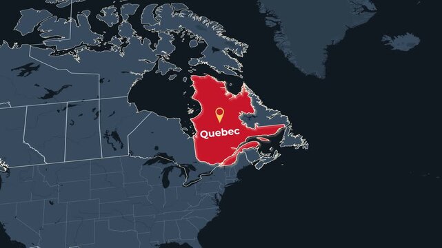 Animated map of Quebec, Canada, highlighting the province, Animated map of Quebec, Canada, highlighting the province boundary and location within Canada. Useful for geography, education, regional