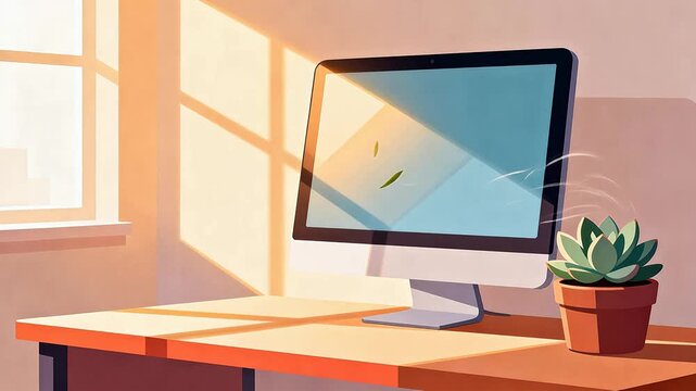 Modern office desk with monitor and succulent plant near sunny window