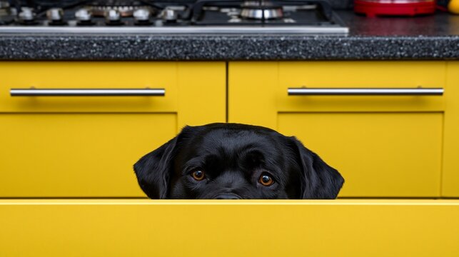 Black labrador dog peeking over a yellow kitchen counter with anticipation for food