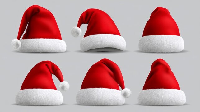 Collection of red santa claus hats isolated on gray background, festive christmas holiday headwear set with fluffy white fur trim and pom poms, winter celebration costume accessories, seasonal party d